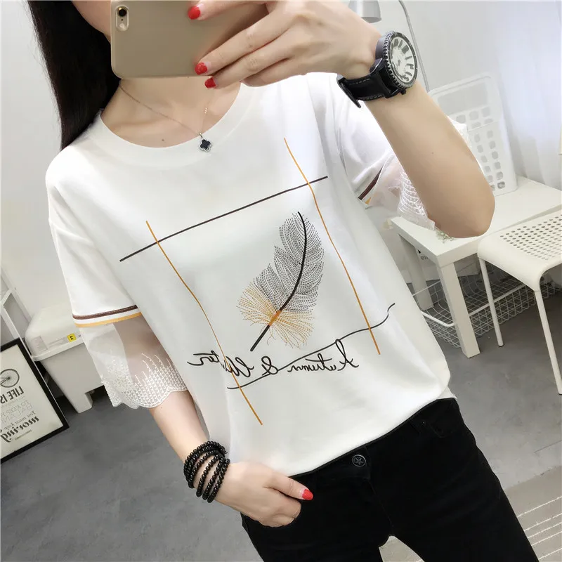 Women Clothing Summer Korean Women's Top Loose Lace Asymmetric Solid Color Slim Short Sleeve T-Shirt Shirt | Женская одежда