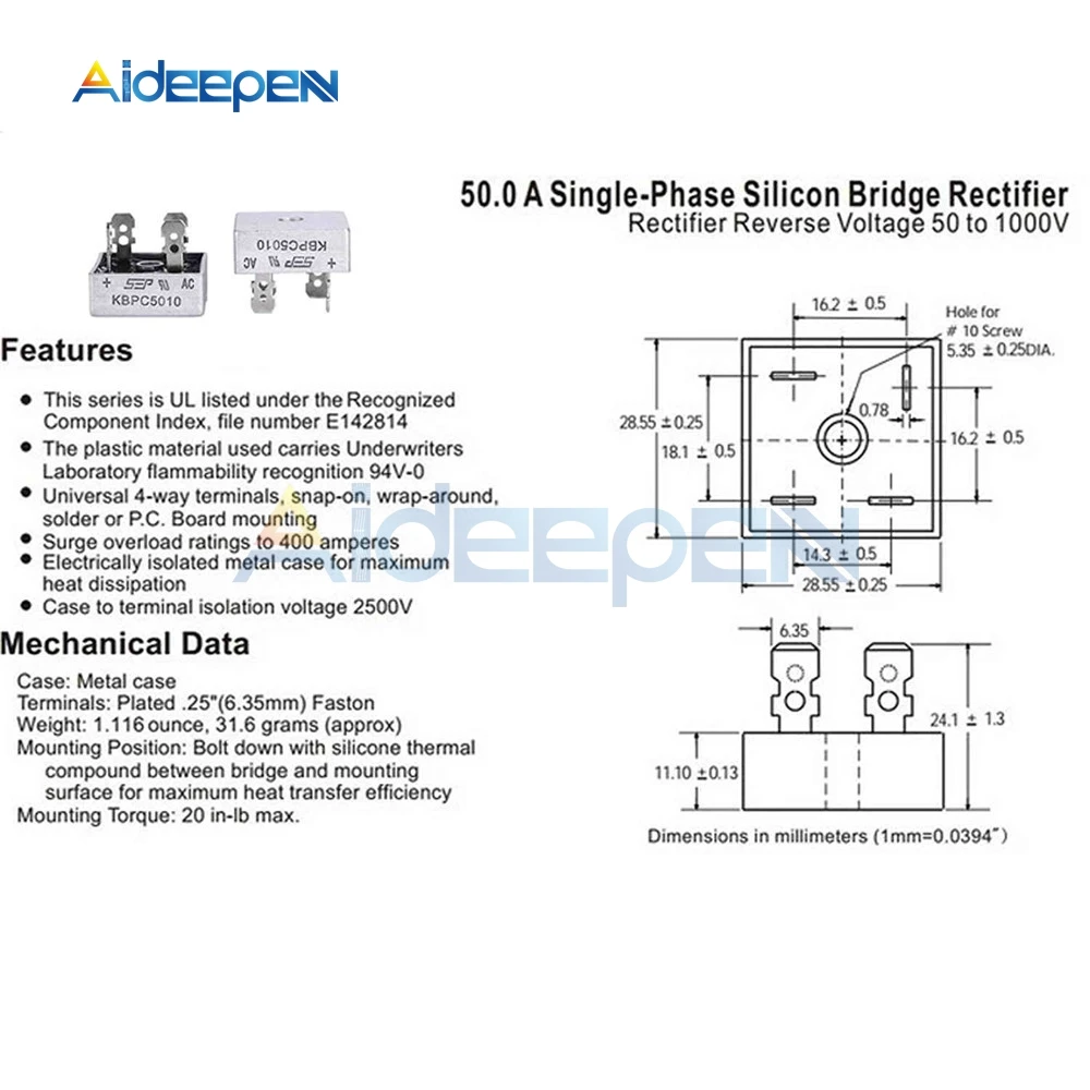 1PCS KBPC5010 50A 1000V Bridge Rectifier Metal Case for Maximum Heat Dissipation 2.8cm Square Diode | Инструменты