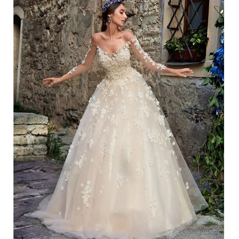 Robe de mariée Gelinlik Кружева Цветок Свадебное Платье С Длинным Рукавом Плеча Тюль