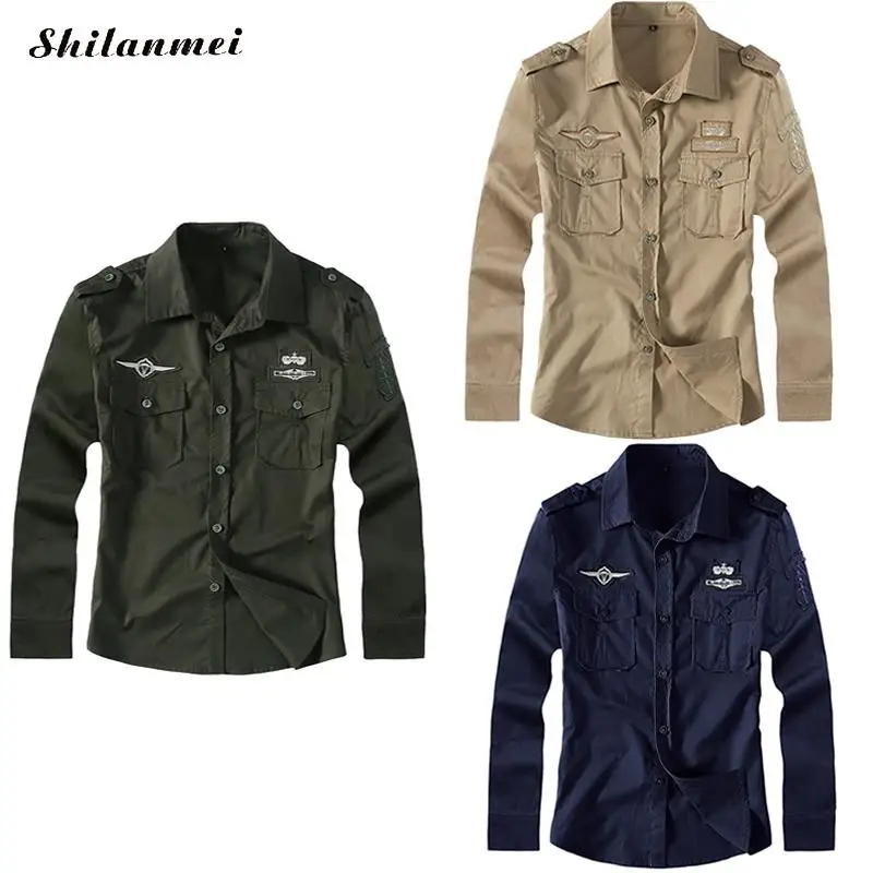Осень мужской социальной Военная Униформа Рубашка Армейский зеленый с длинным