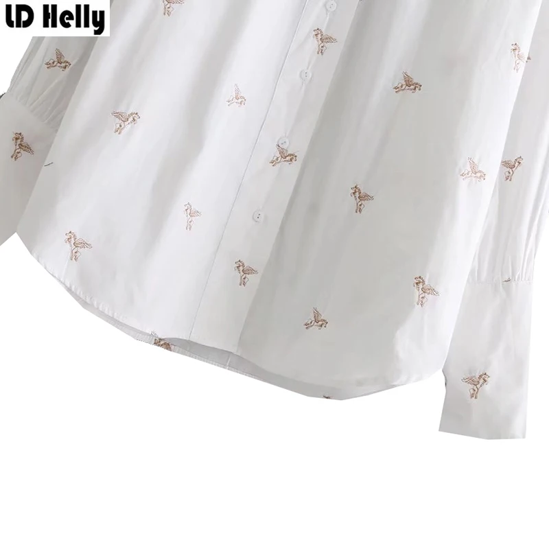 LD Helly Для женщин лошадь Вышивка белая блузка самка отложной воротник длинный