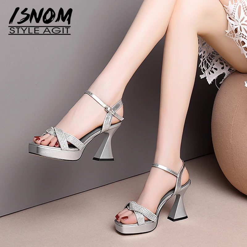 ISNOM/летние босоножки из коровьей кожи женские на платформе со стразами модная