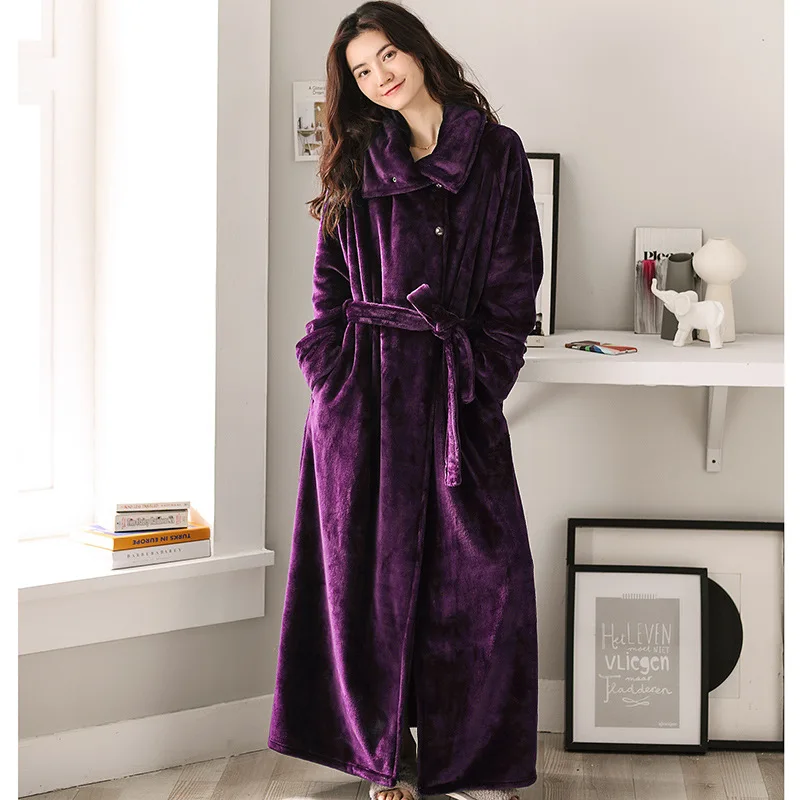 Dark purple Фланелевый женский зимний халат высокого качества, длинный теплый женский банный халат, кардиган с высоким воротником, домашний халат - Цвет: Dark purple
