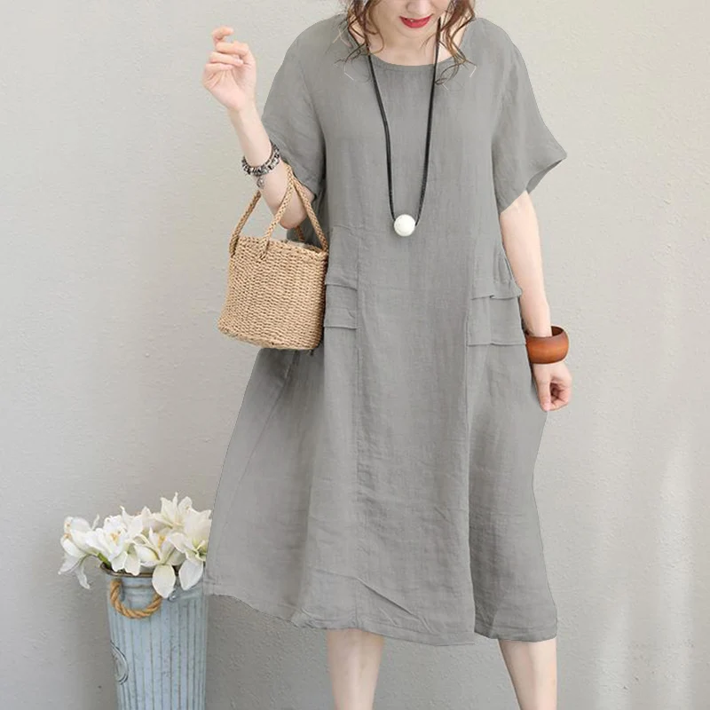 Light Grey Размера плюс ZANZEA летние женские повседневные однотонные с коротким рукавом винтажные хлопковые льняные свободные вечерние короткие сарафаны платье Vestido Femme - Цвет: Light Grey