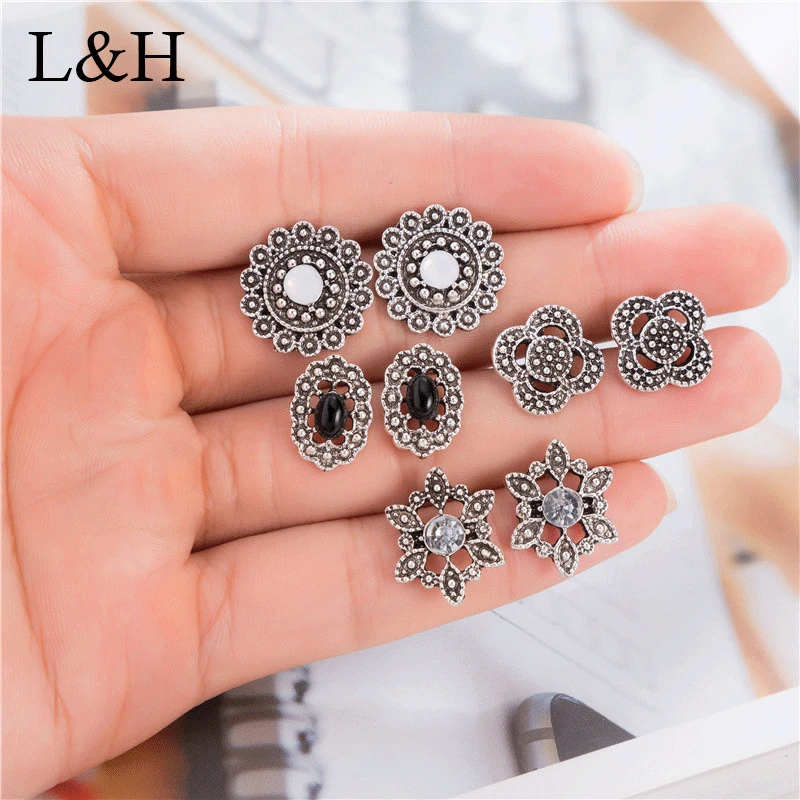 

L&H 4 Pairs/Set Vintage Stud Earrings Fashion Antique Silver Color Earrings Geometric Crystal Earrings Jewelry For Women Gift