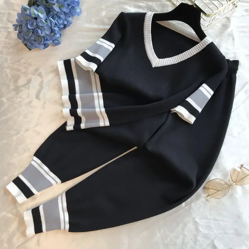 ALPHALMODA 2019 свитер с v образным вырезом и короткими рукавами + эластичные брюки