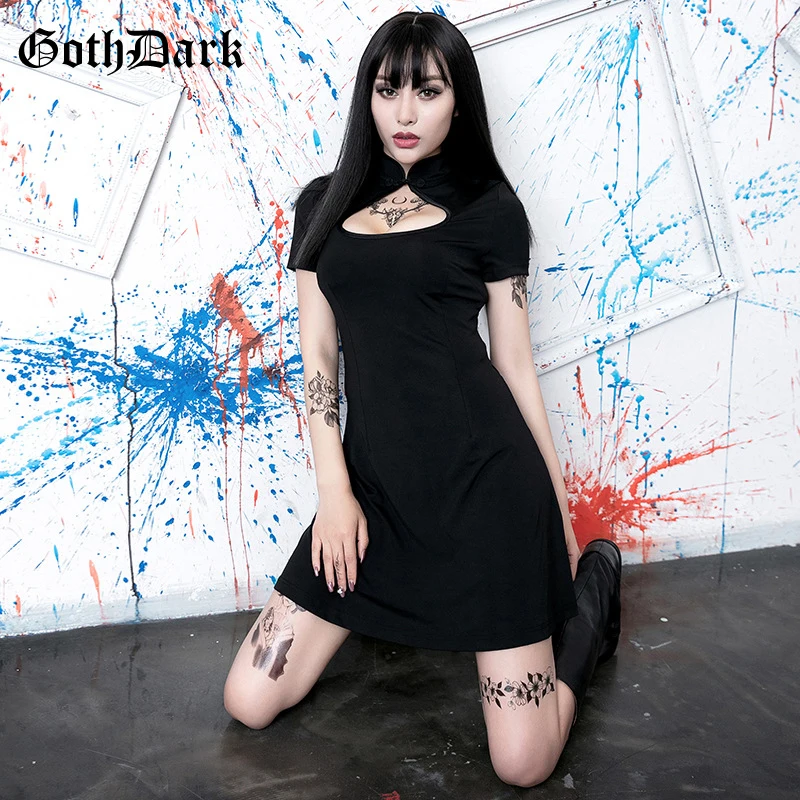 Женское платье с вырезом Goth Dark, элегантное готическое женское платье, сексуальное черное платье в стиле Харадзюку, на лето