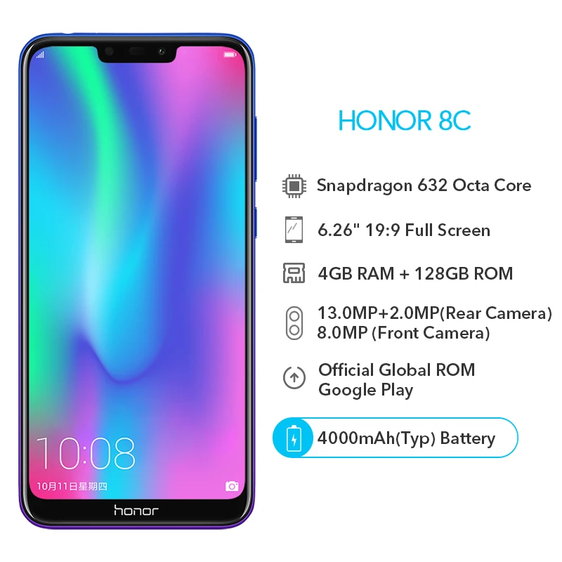 Honor 8C смартфон с восьмиядерным процессором Snapdragon 632 ОЗУ 4 Гб ПЗУ 128 ГБ 6 26 дюйма 4000