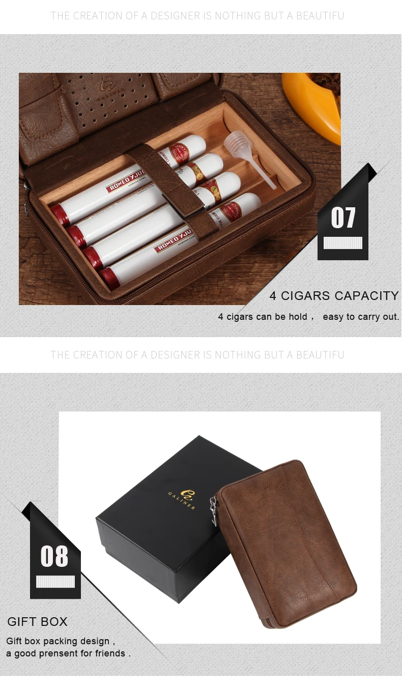 GALINER Leather Cigar Humidor Travel Cedar Wood Cigar Case 4 Tube Holder Sigaar Box For COHIBA Cuba Cigars Outdoor Humidor Box