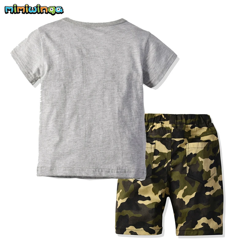 Mimiwinga 2019 Toddler Boys Clothes Set Gray Short Sleeve Dinosaur Cartoon Print T Shirt + Camo Shorts Baby Summer New |