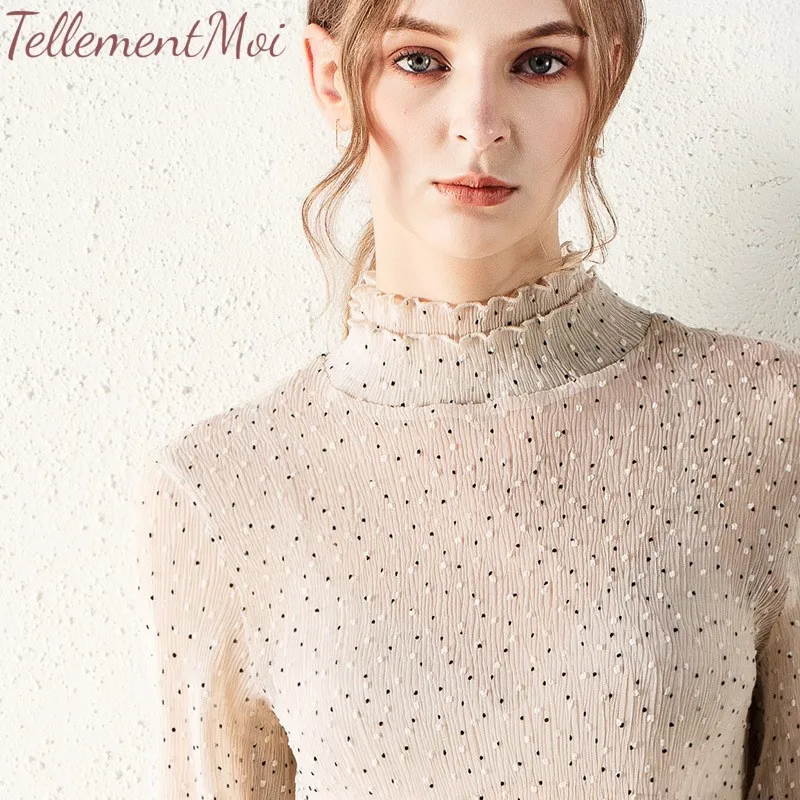 Spring Summer Sexy Sheer Shirt Women Turtleneck Tops Chiffon Ruffled Long Sleeve Slim Ladies Streetwear Tees Sweet Blouse Shirts |