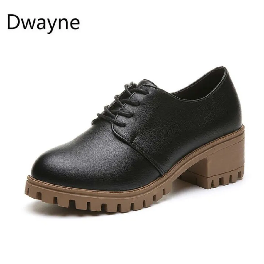 

Flats Womens Shoes Lace Up Creepers Round Toe Derby Ladies Square Heels Casual Shoes Flats Female Footwear Black
