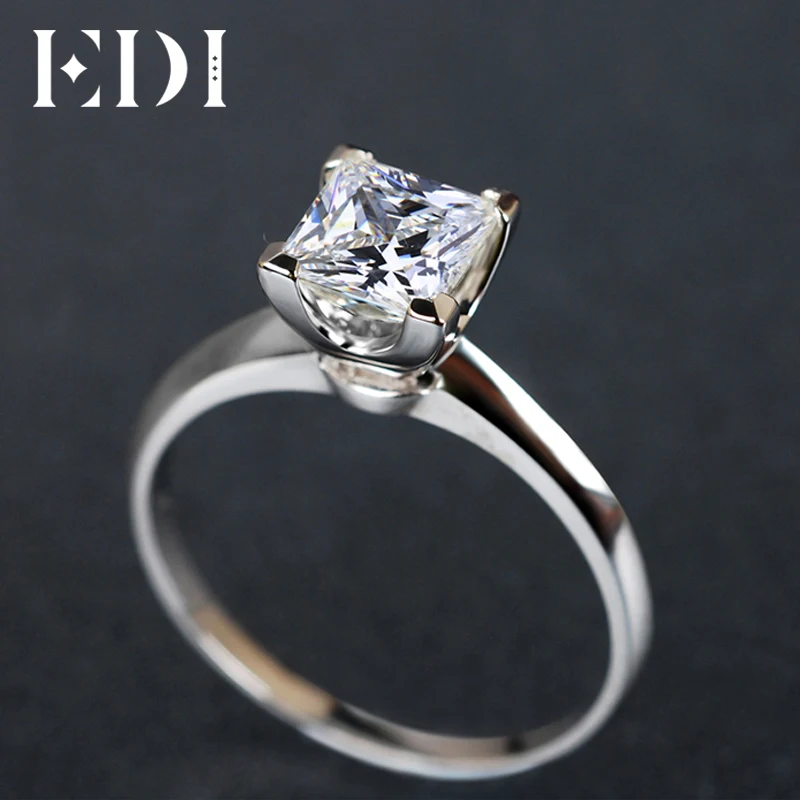 EDI 1CT принцесса вырезанное классическое кольцо с алмазом moissanites кольцо 14 k, свадебный набор из белого золота, кольца для Для женщин