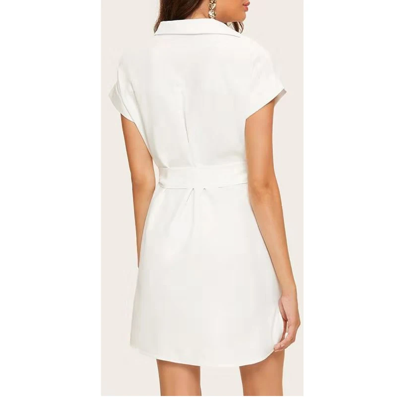 

Women Cute V-Neck Summer Dress Bowknot Self-tie Waist Short Sleeve Slim Fit Short Dress