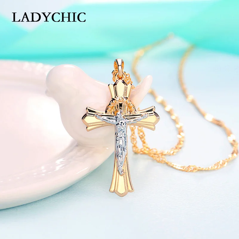 LADYCHIC Распятие Иисуса золотое ожерелье с крестом для женщин мужчин классический