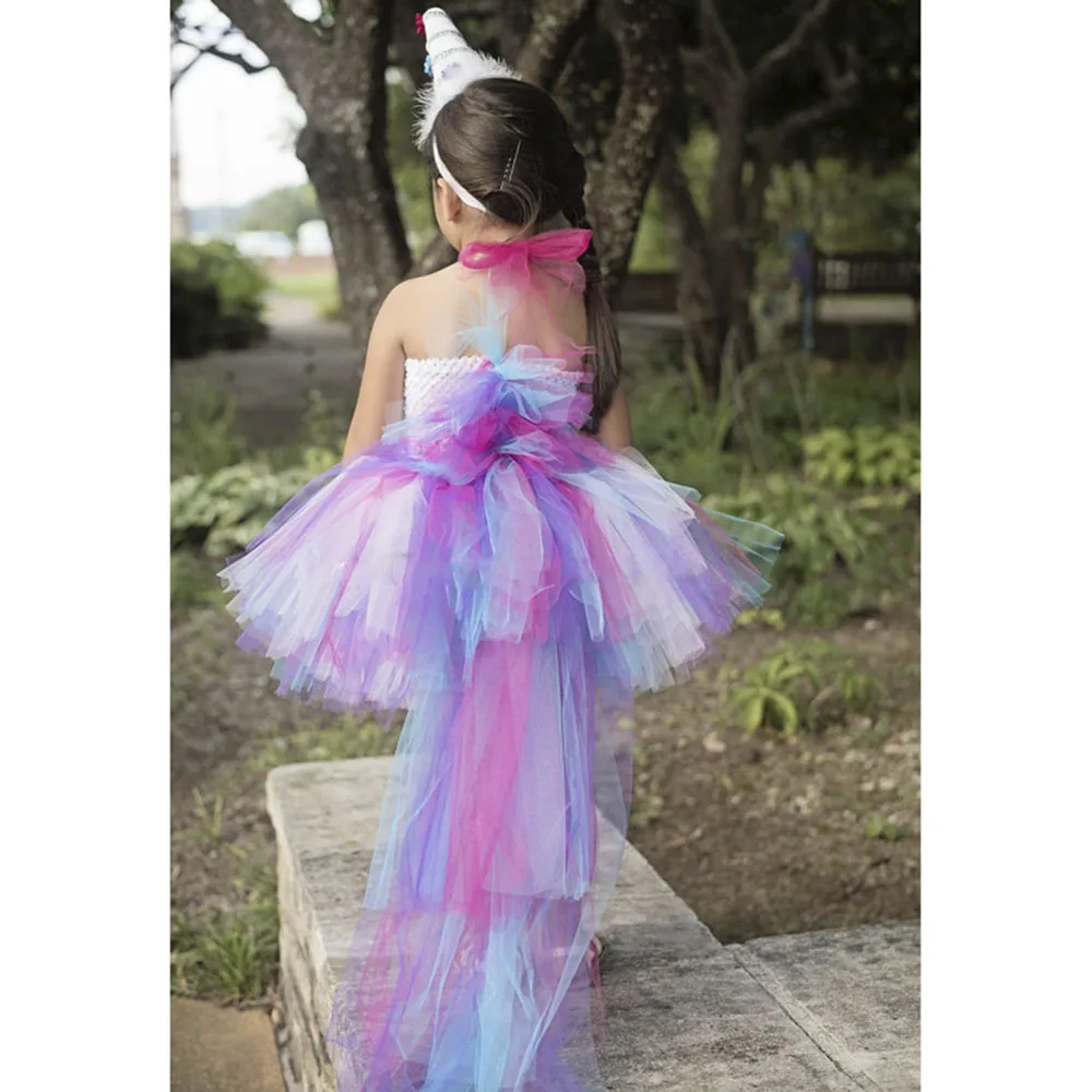 

Princess Girl Unicorn Bustle Tutu Dress Girls Rainbow Birthday Party Photo Dresses Kids Perform Costume For Special Holidays