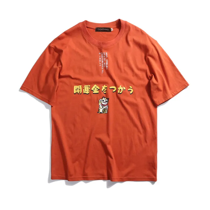 Orange GONTHWID футболки с принтом японского кота Фортуны уличная Мужская Harajuku Lucky Cat повседневные топы с коротким рукавом футболки мужские футболки - Цвет: Orange