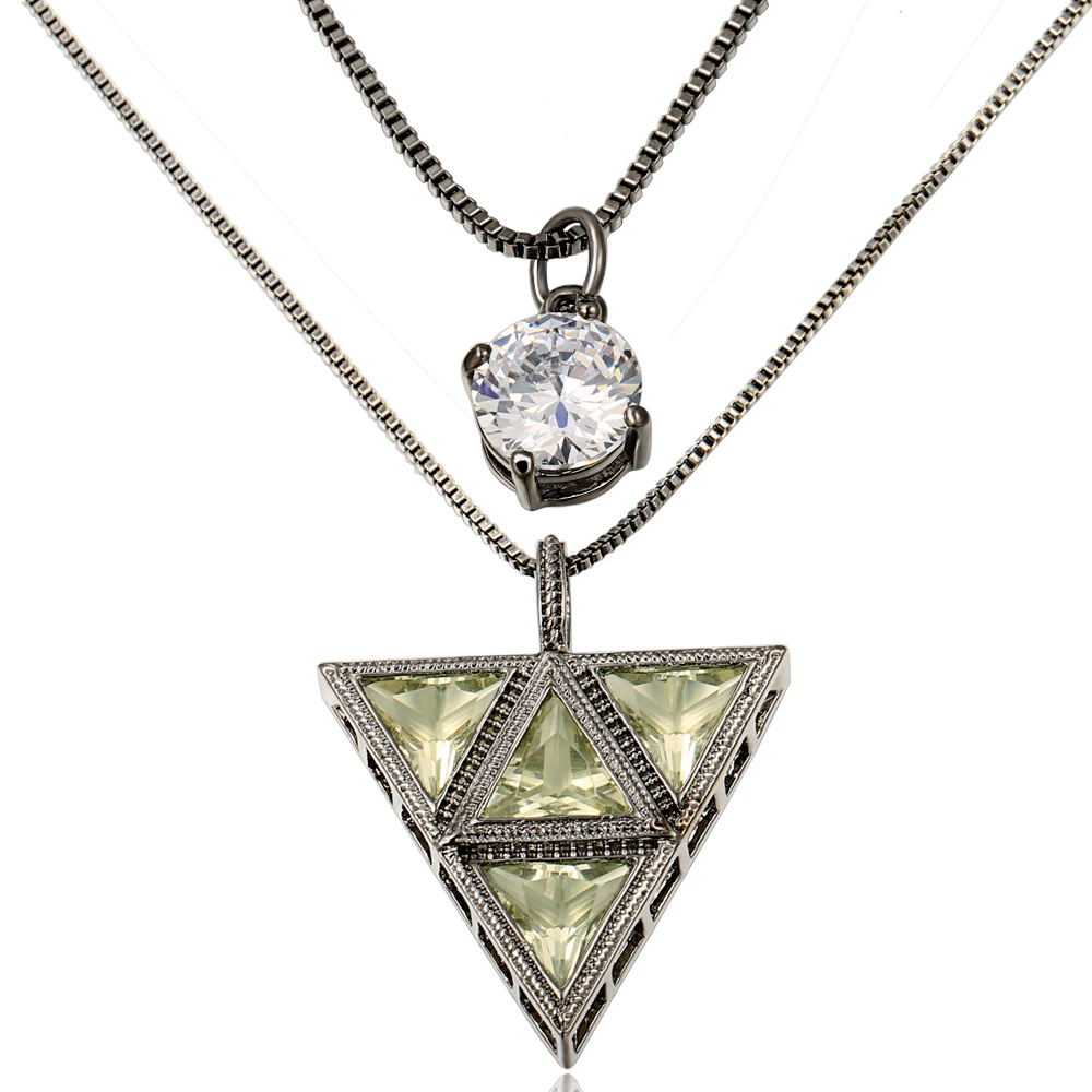 Двойное винтажное длинное ожерелье для женщин треугольник кулон кристалл со