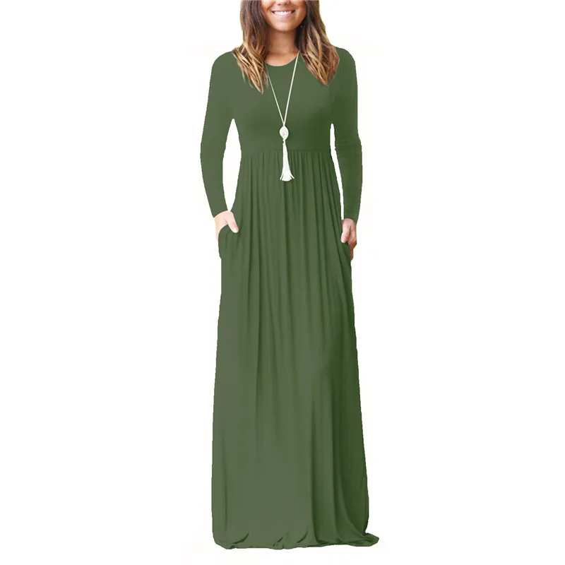 6888 Army green Новое поступление, женское летнее повседневное длинное платье с коротким рукавом, вечерние платья черного, синего и красного цвета, женское свободное платье макси с круглым вырезом, Vestidos - Цвет: 6888 Army green