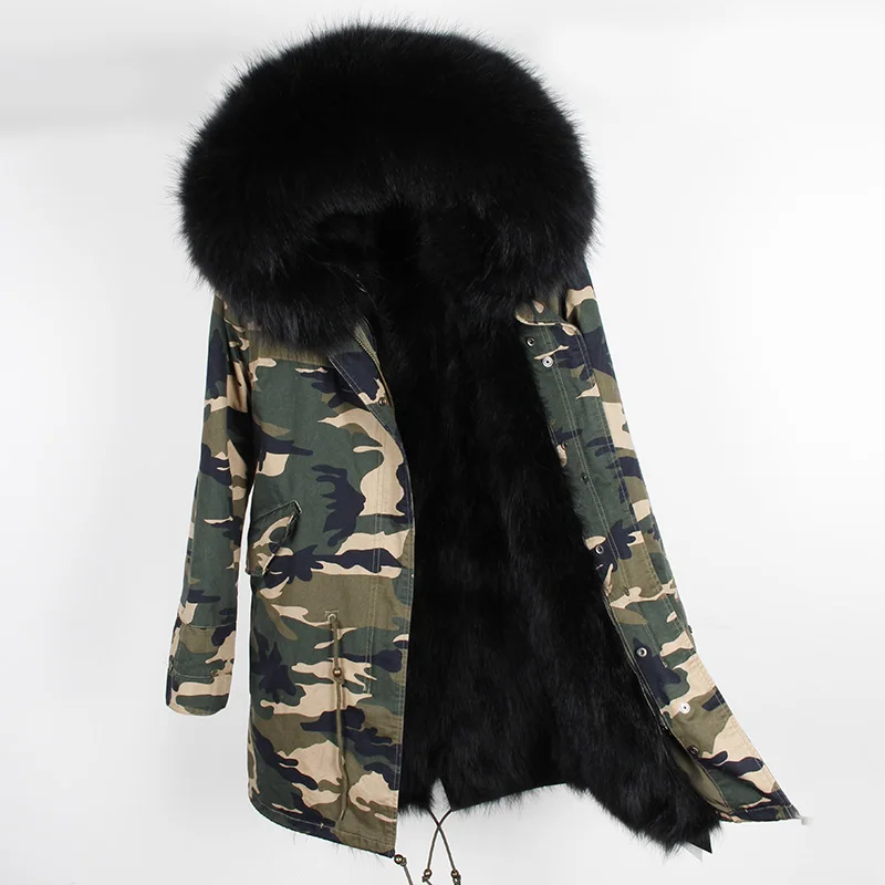 camo black Женское зимнее длинное пальто из натурального меха енота с капюшоном, Свободные повседневные парки с натуральным мехом, теплая хлопковая куртка Mujer - Цвет: camo black