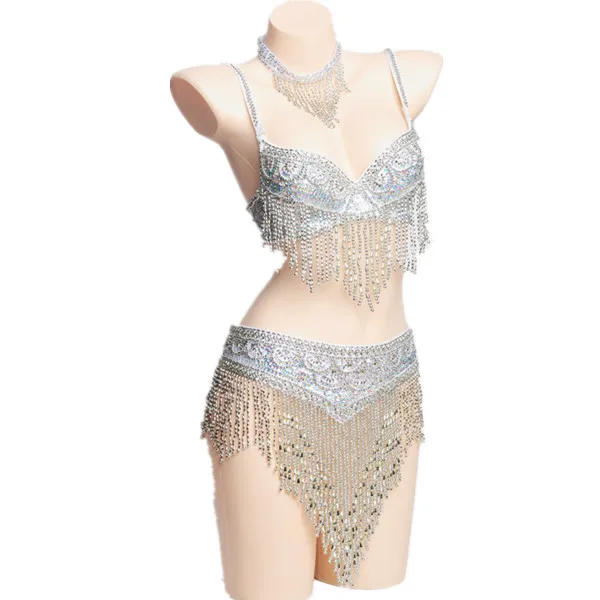 Silver Bra and Belt Женский костюм для восточных танцев из бисера. Топ и пояс - Цвет: Silver Bra and Belt