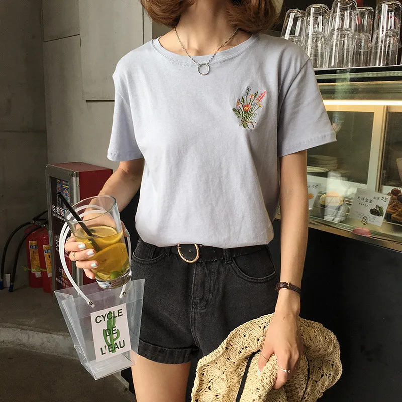 Японская короткая женская футболка с цветочной вышивкой повседневные свободные