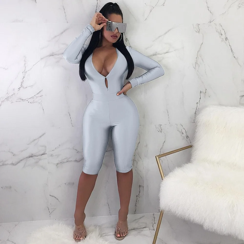 

Low V Neck Full Sleeve Sheath Women Playsuits Casual Women Bodysuits