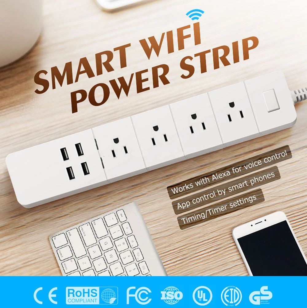 WiFi Smart power Strip, с 4 usb-портами для зарядки и 4 смарт-штекерами переменного тока для много точек работает с Amazon Echo& Google Home