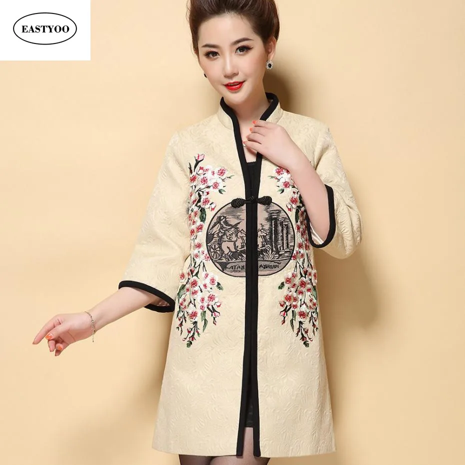 Embroidery Kimono Jacket Women Spring Embroidered Coat Chinese Tang Jackets Plus Size Middle Age Clothing Style Tops | Женская одежда