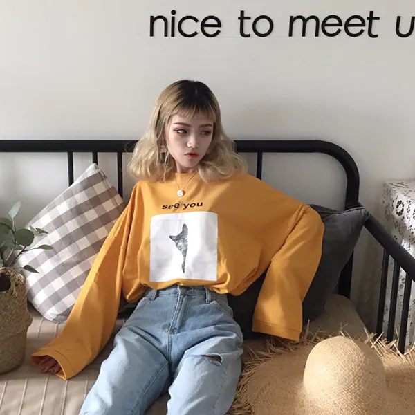 YouGeMan футболка Femme Осень корейский стиль Ulzzang Harajuku мультяшный принт длинный рукав футболка женская повседневная с o-образным вырезом топы