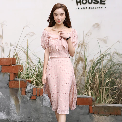 Slash шеи Пышный рукав бант в горошек модная одежда повседневном стиле