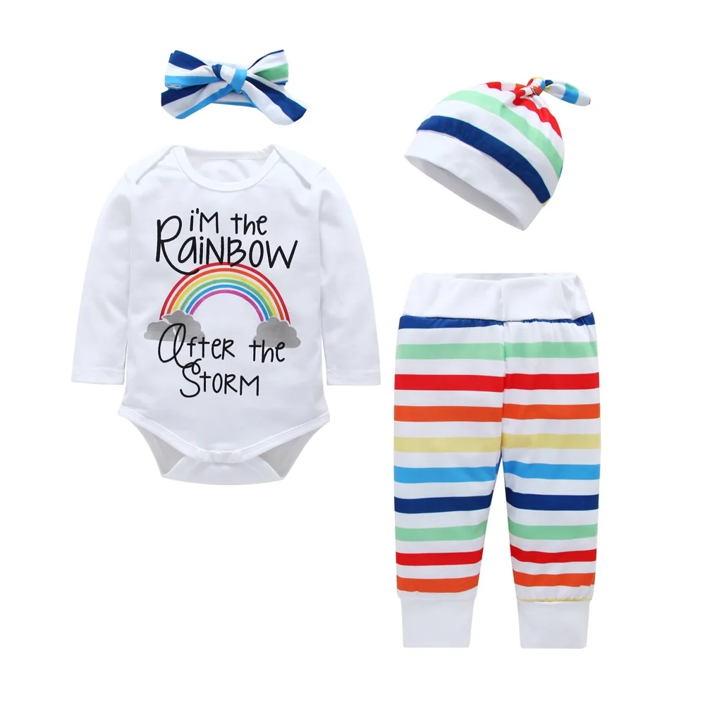 Autumn Winter Children Clothes Set Newborn Baby Girl Boy Long Sleeve Striped Tops+Pants Hat Headband 4pcs Outfit | Детская одежда и