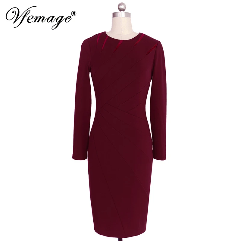 Vfemage Womens Spring Winter Elegant Patchwork Slim Casual Work Business Office Party Fitted Bodycon Pencil Sheath Dress 1045 | Женская