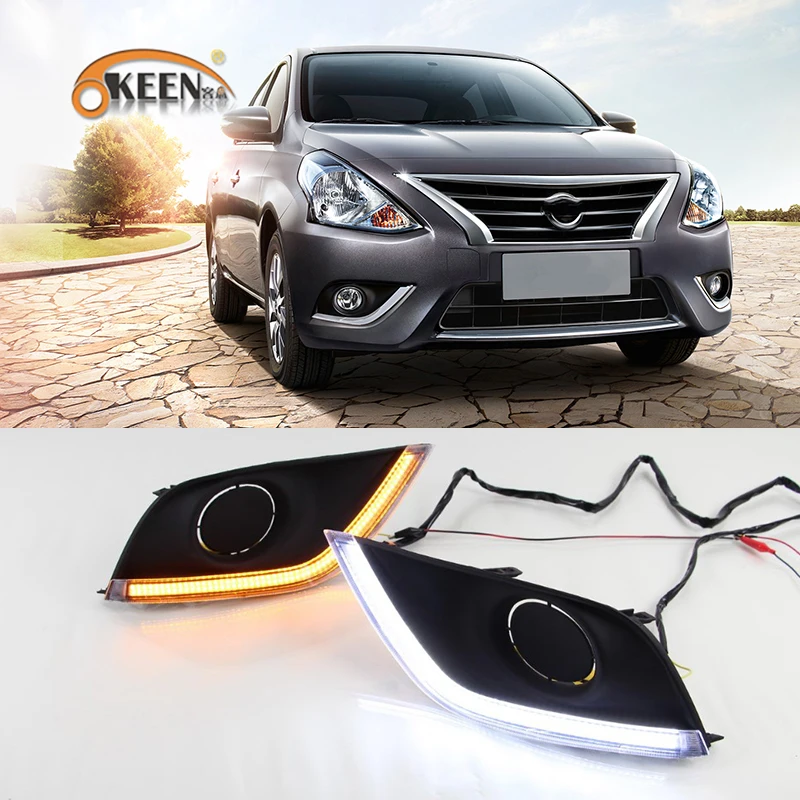 

OKEEN 2x Car LED Daytime Running Light for Nissan Almera Latio Sunny Versa 2014 2015 2016 2017 DRL White Turn Signal Light Amber