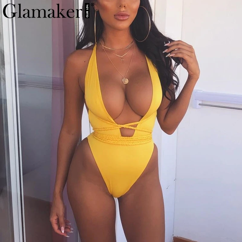 Glamaker Холтер бандаж женский цельный купальник сексуальный купальник bodycon открытая спина клуб Боди летний купальный костюм белый боди