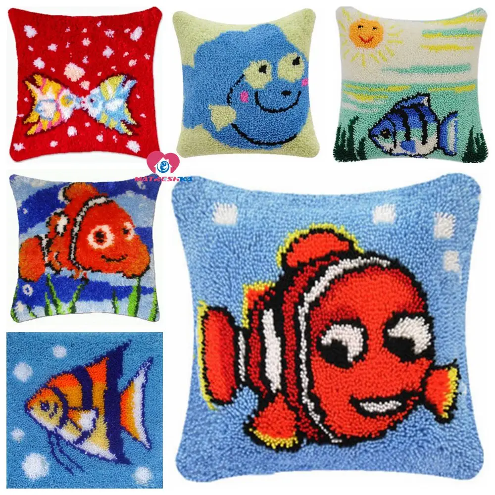 

Dropshipping Cartoon fish Cushion Latch Hook Kits 3d Printing Pillow DIY Craft Cross Stitch Needlework Crocheting Cotton Cushion