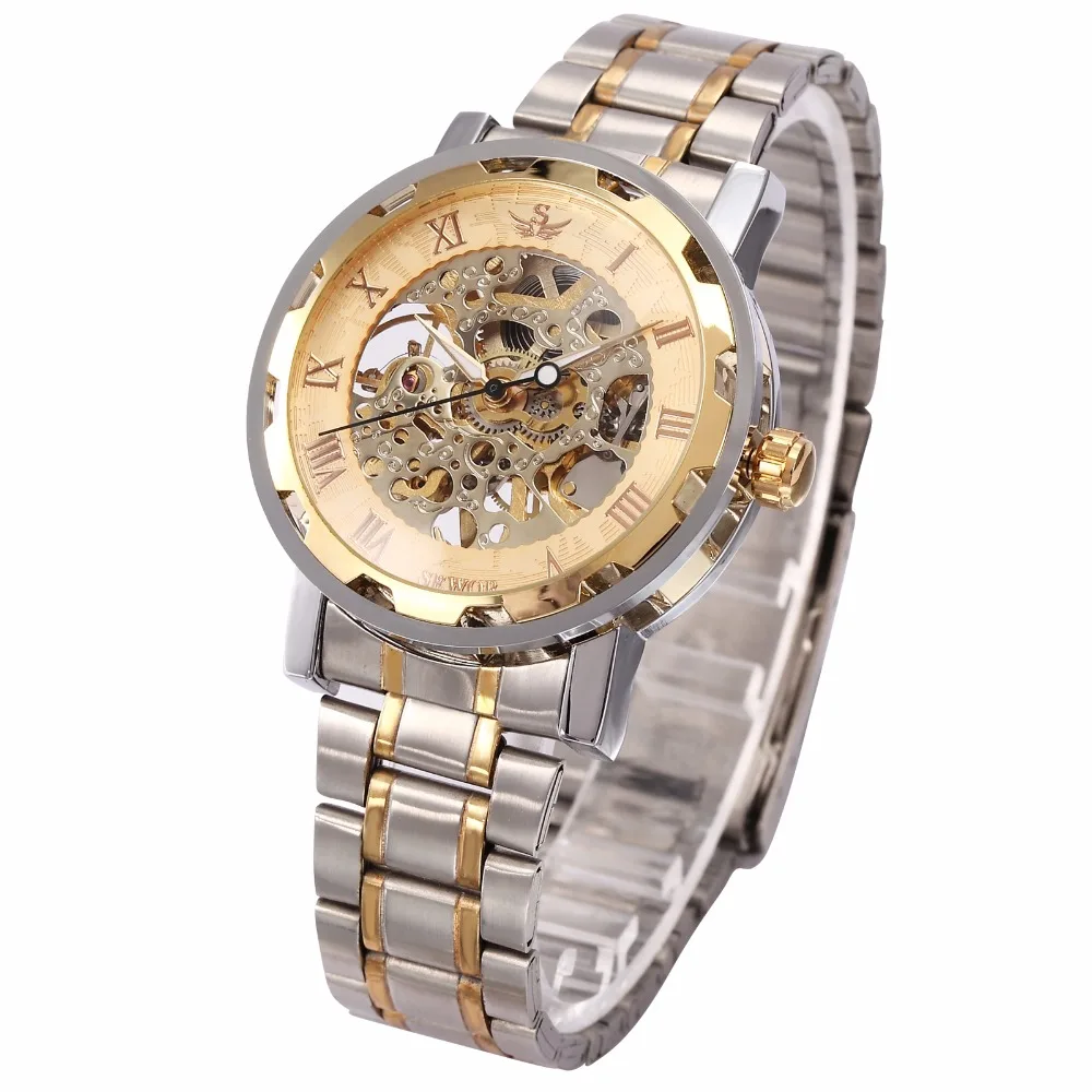 SEWOR Часы Золото Скелет Механические Мужчины Из Нержавеющей Стали Топ Люксовый