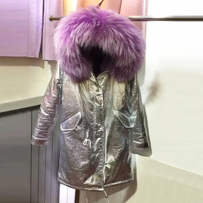 Серебристая кожа Водонепроницаемая фиолетовая Длинная женская куртка с большим