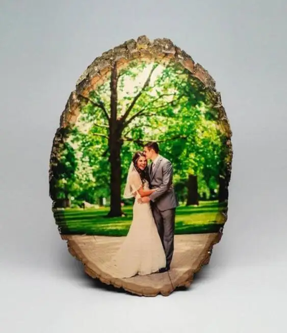 Персональный newlywed изображение переносится в деревянные украшения, housewariming деревенский деревянный ломтик фоторамка орнамент Подарки на память