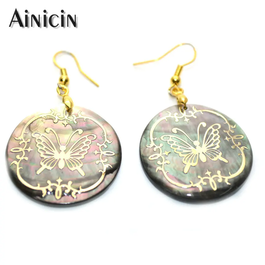 

Gold Butterfly Round Shape Abalone Shell Hook Earrings Fashion Women Jewelry Gift 10pairs/lot