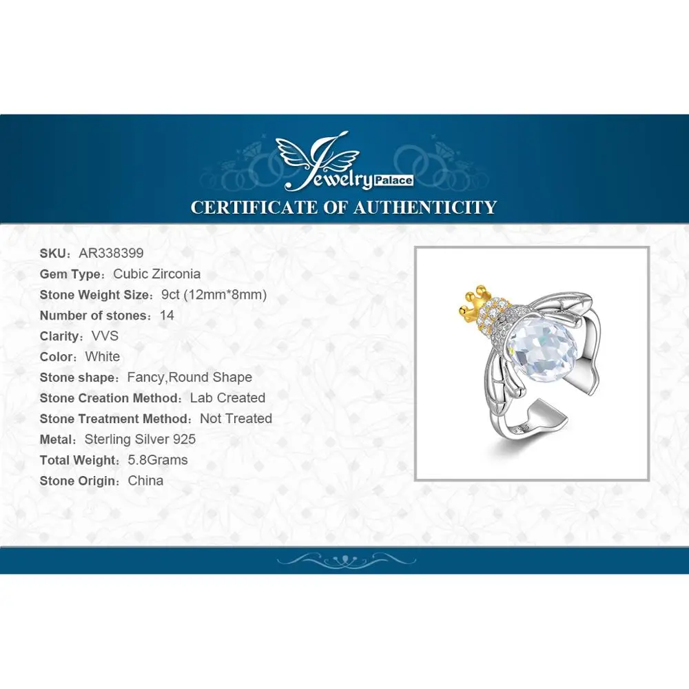 JewelryPalace Fashion 9ct Cubic Zirconia Crown Wing Honey Bee Adjustable Open Ring 925 Sterling Silver Women Luxury Fine Jewelry