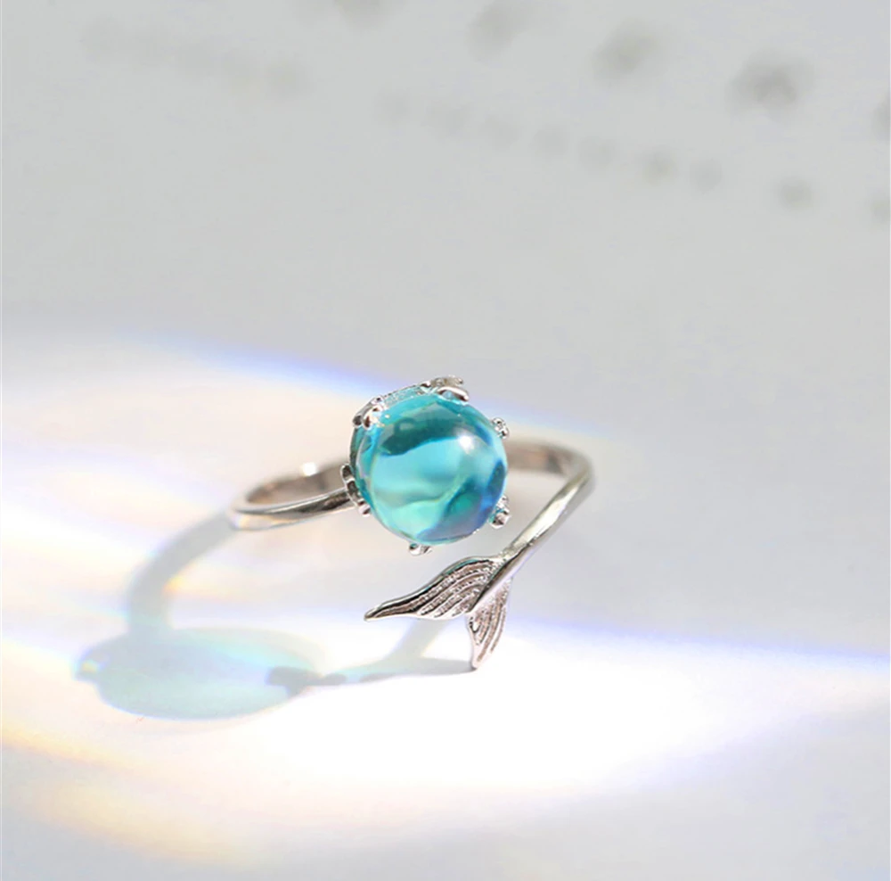 Женское кольцо 925 пробы серебро идеальный синий шар кристалл Русалка пузырчатое