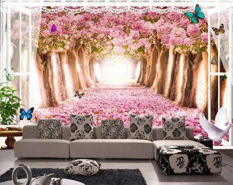 3d комната обои на заказ фото Нетканые Обои фреска цветы Сакура окно HD ТВ диван