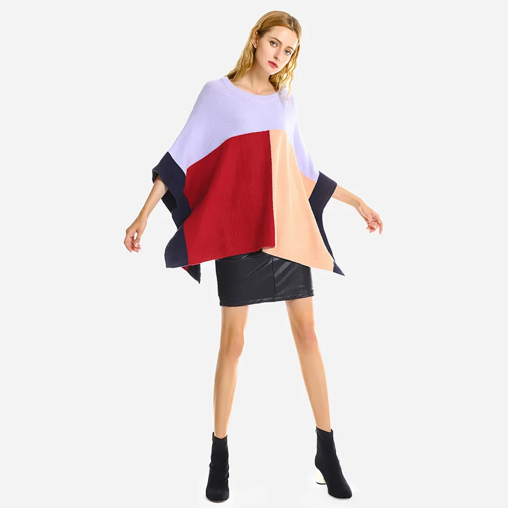 ZAFUL Oversized Sweater Women Batwing Sleeve Loose Knit Shawl Sweaters Casual O-Neck Warm Color Patchwork Pullover Autumn | Женская