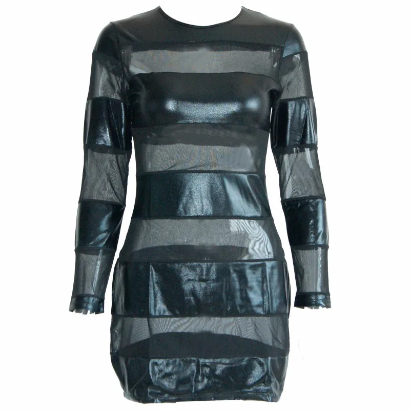 Женское облегающее платье из искусственной кожи черное Сетчатое W850511 | Женская