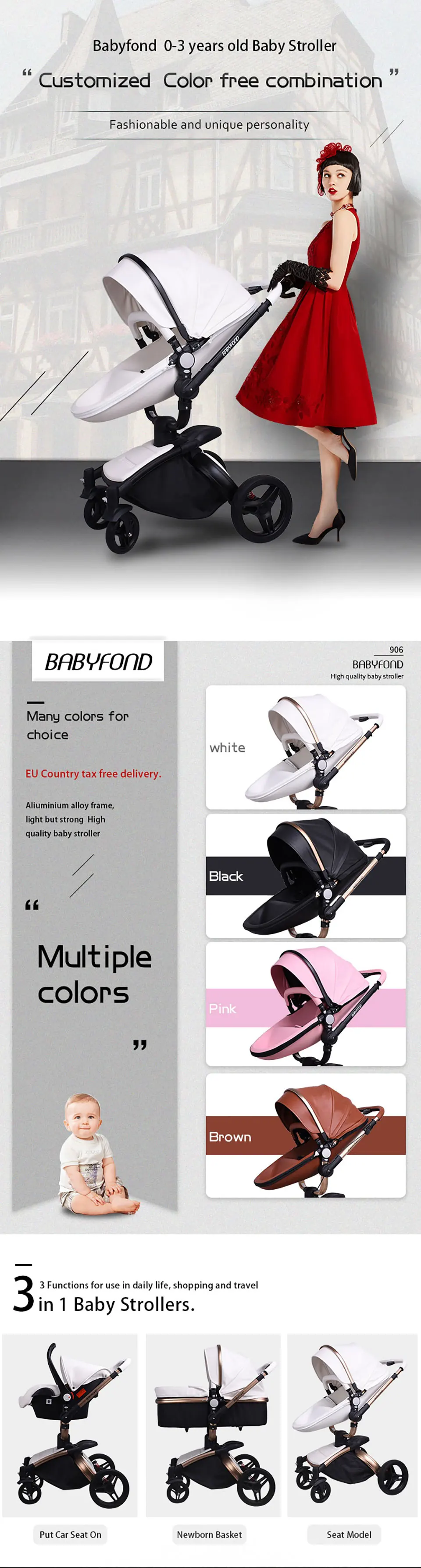 Babyfond Роскошная детская коляска 3 в 1 цвет Европейская коляска костюм для лежа и сиденья aulon