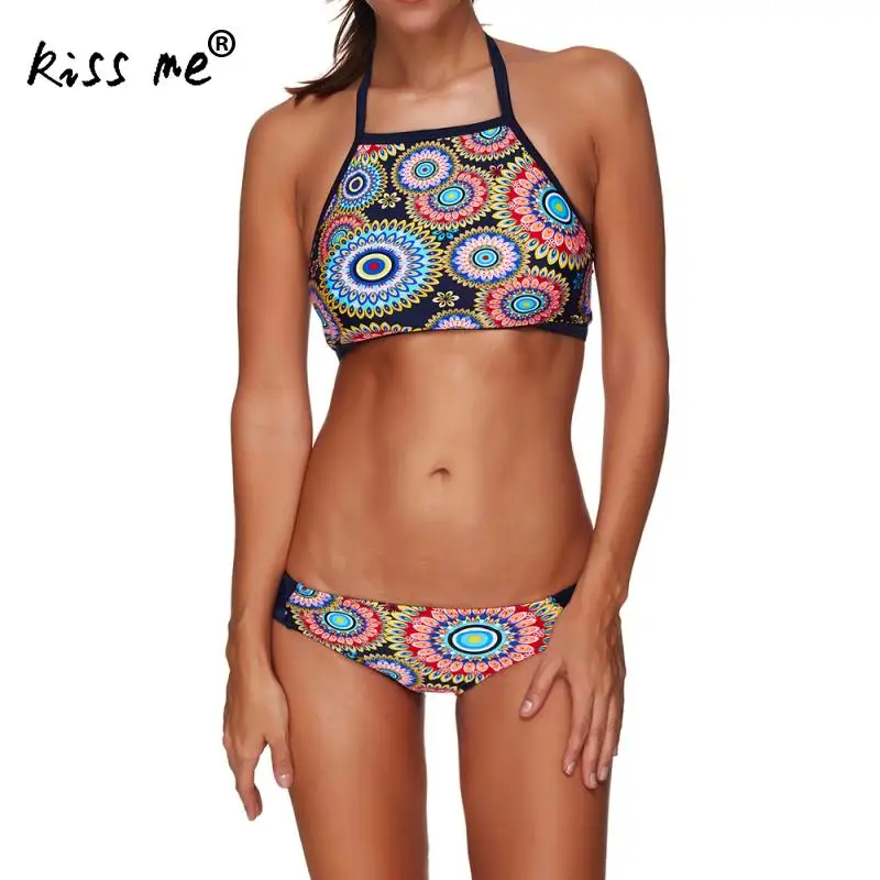 2017 Новый женский бикини с высокой горловиной пуш-ап набор цветок черный