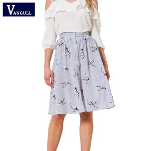 Vangull Женская Полосатая юбка до колен, Новая Милая юбка с принтом птиц и журавлей, дизайнерская Летняя Повседневная Уличная одежда с пуговицами