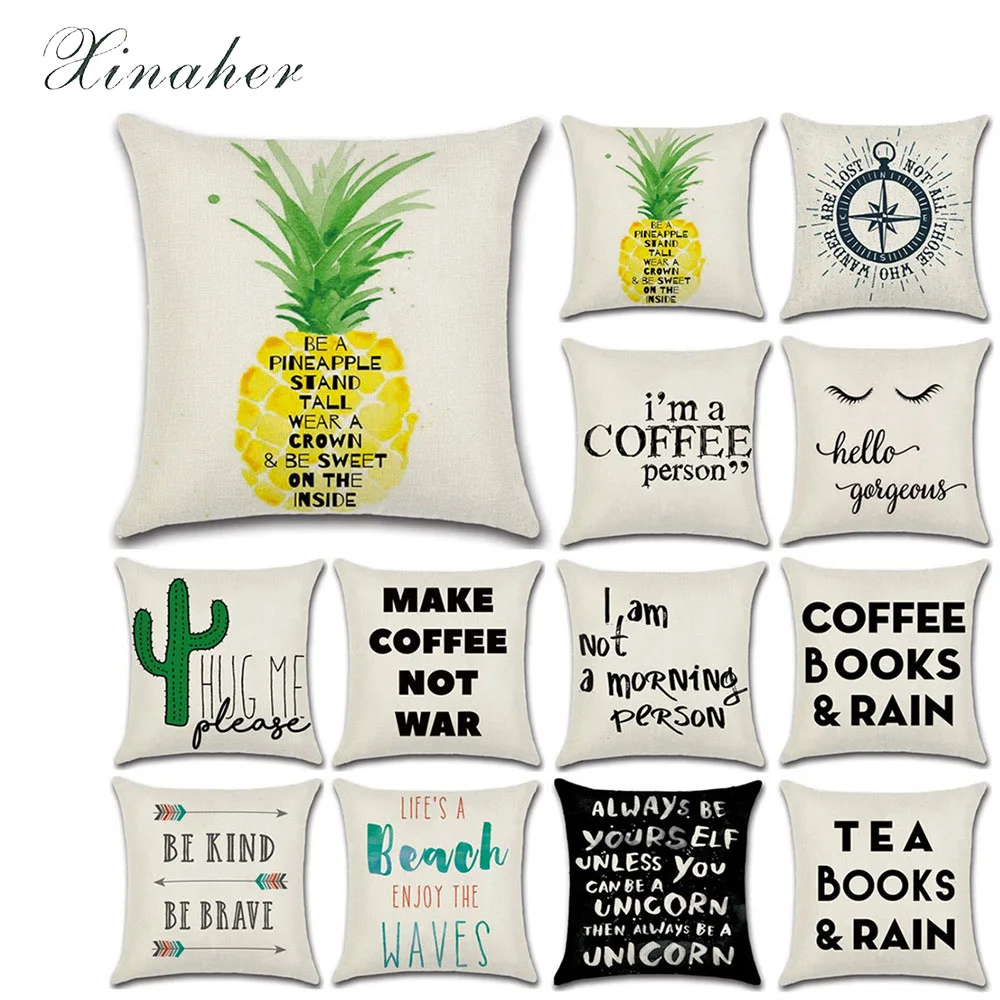 New style English phrase Cushion Cover Black and White Cotton linen Throw Pillow Case Pineapple cactus | Дом и сад