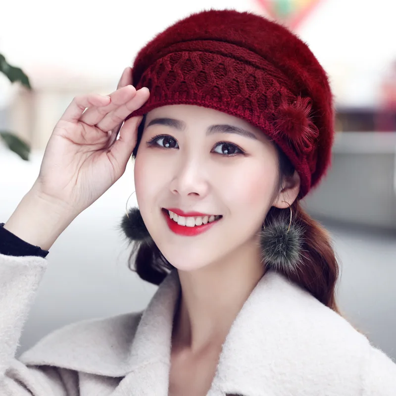 

HT1922 Women Beret Hat New Women Knitted Hats Ladies Solid Rabbit Fur Hats Female Berets Thick Warm Autumn Winter Hats for Women